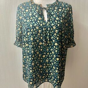 J. Crew Floral Print Blouse - Dark Blue, green and yellow